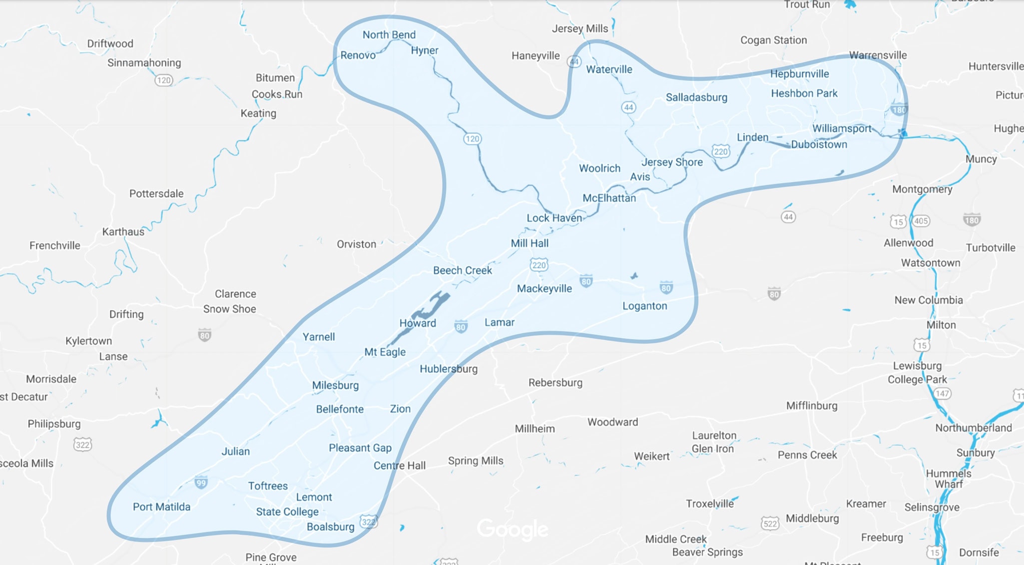 Service area map for RCC Mechanical in Lock Haven, Pennsylvania.